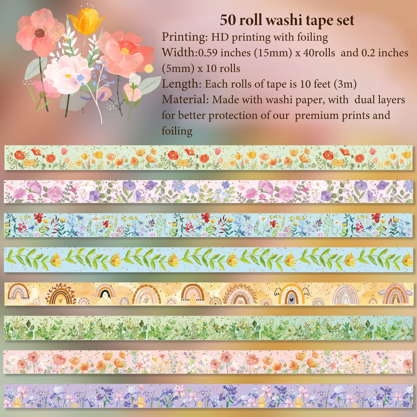 slapaflife 50 Rolls Washi Tape Set, Gold Foil Flower Decorative Adhesive Tape for Scrapbook,Washi Tape for Journaling,Scrapbooking Supplies.