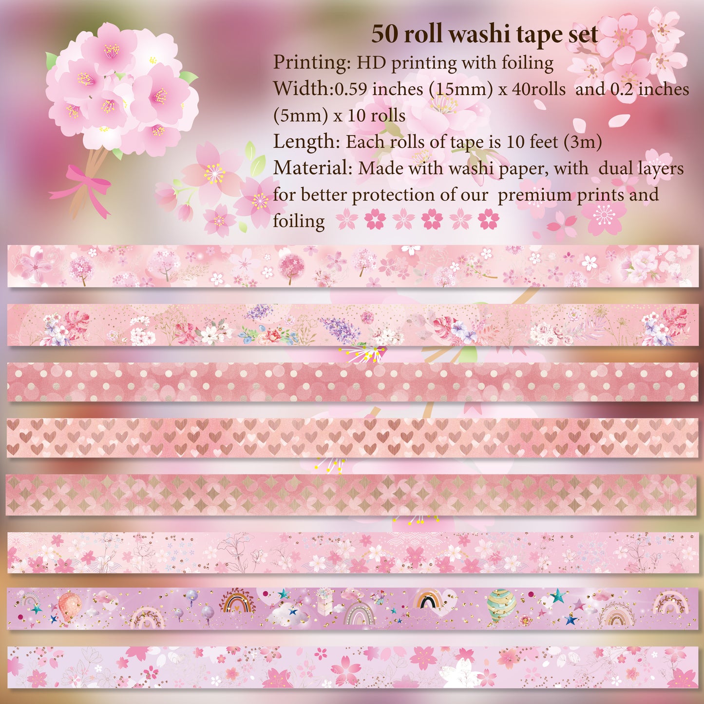 slapaflife 50 Rolls Washi Tape Set, Gold Foil Flower Decorative Adhesive Tape for Scrapbook,Washi Tape for Journaling,Scrapbooking Supplies.