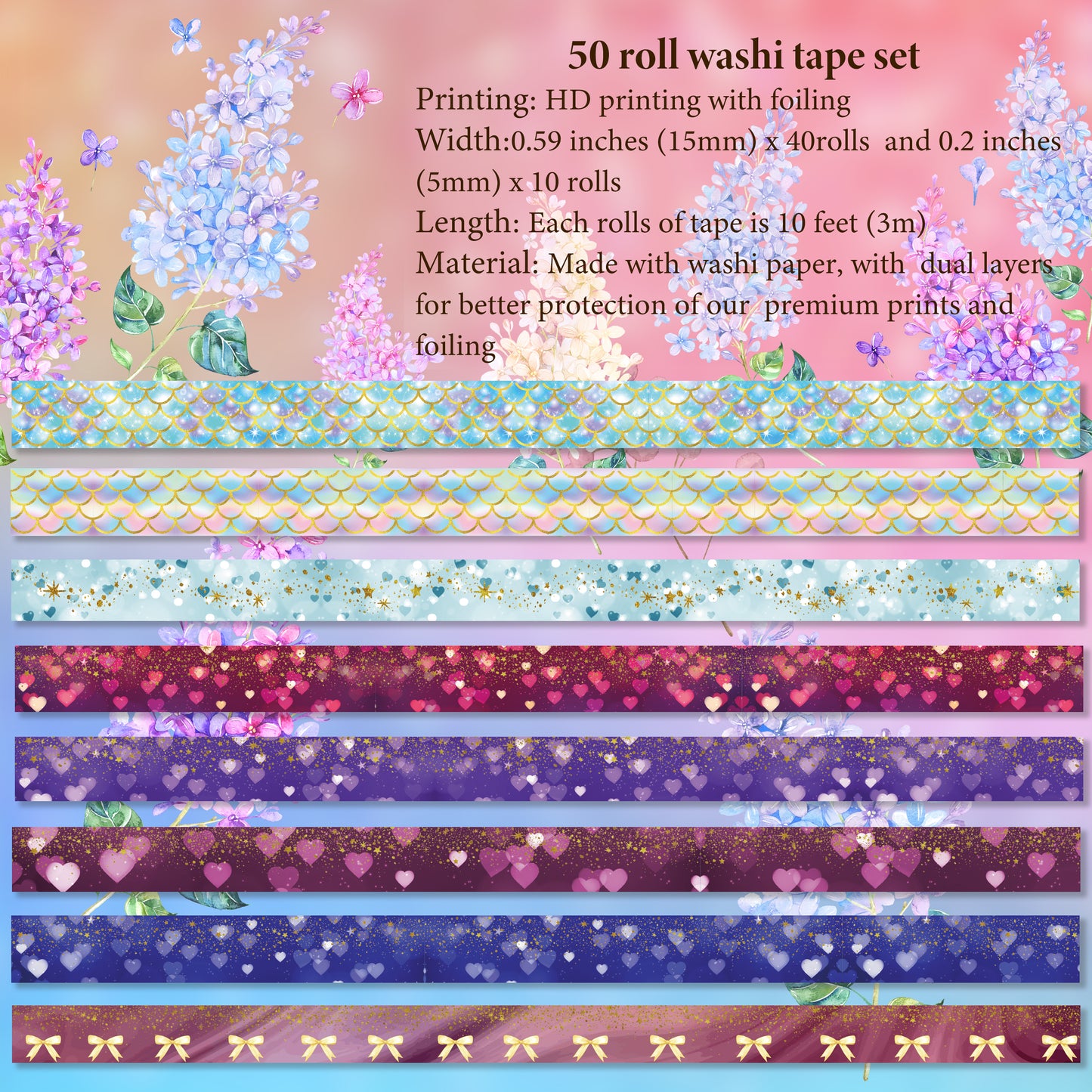 slapaflife 50 Rolls Washi Tape Set, Gold Foil Flower Decorative Adhesive Tape for Scrapbook,Washi Tape for Journaling,Scrapbooking Supplies.