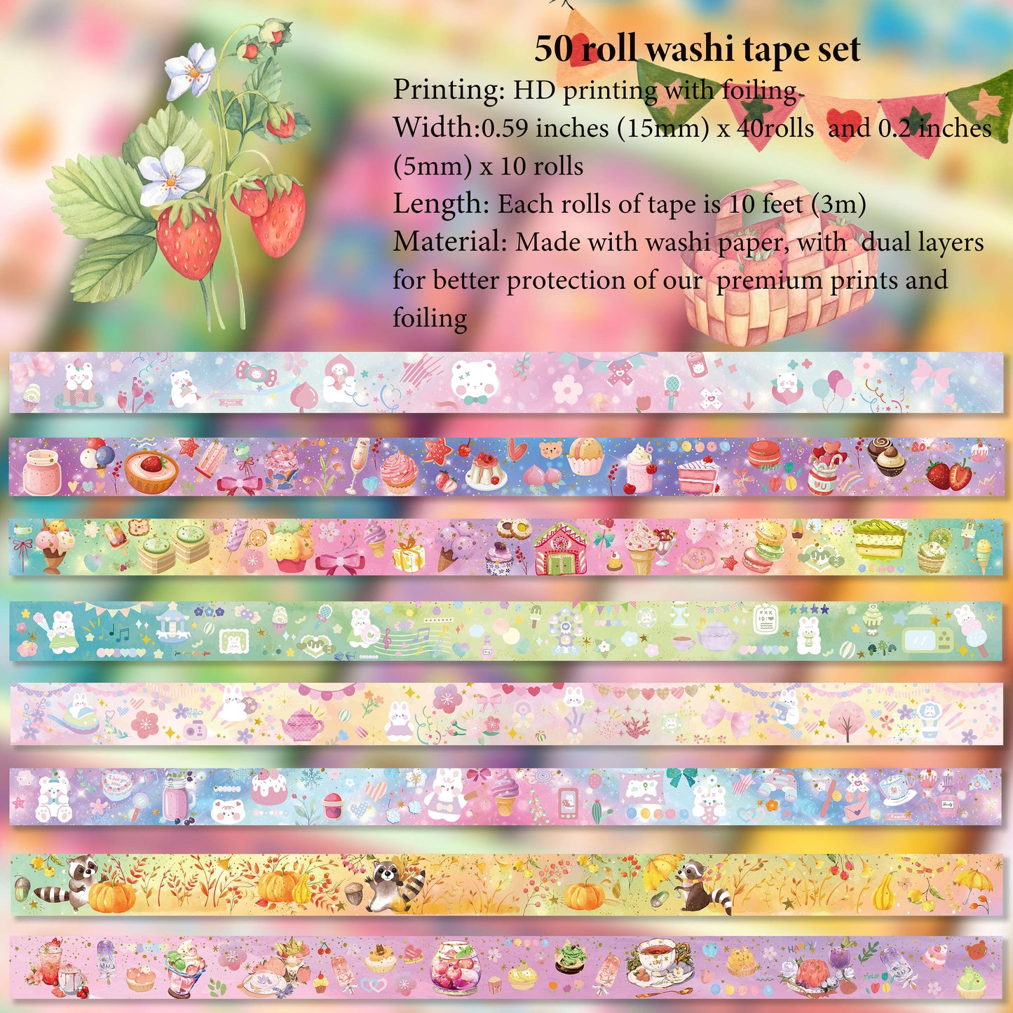 slapaflife Cute Washi Tape Set 50 Rolls Kawaii Animals Gold Foil Decorative Masking Tape for Scrapbook,Washi Tape for Journaling,Scrapbooking Supplies,Party Decorations,Bullet Journals