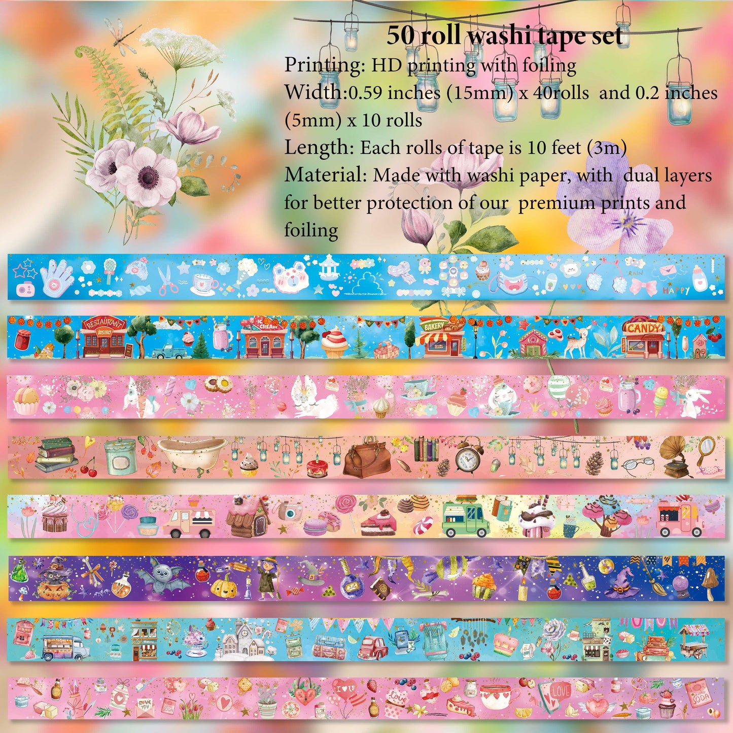 slapaflife Cute Washi Tape Set 50 Rolls Kawaii Animals Gold Foil Decorative Masking Tape for Scrapbook,Washi Tape for Journaling,Scrapbooking Supplies,Party Decorations,Bullet Journals