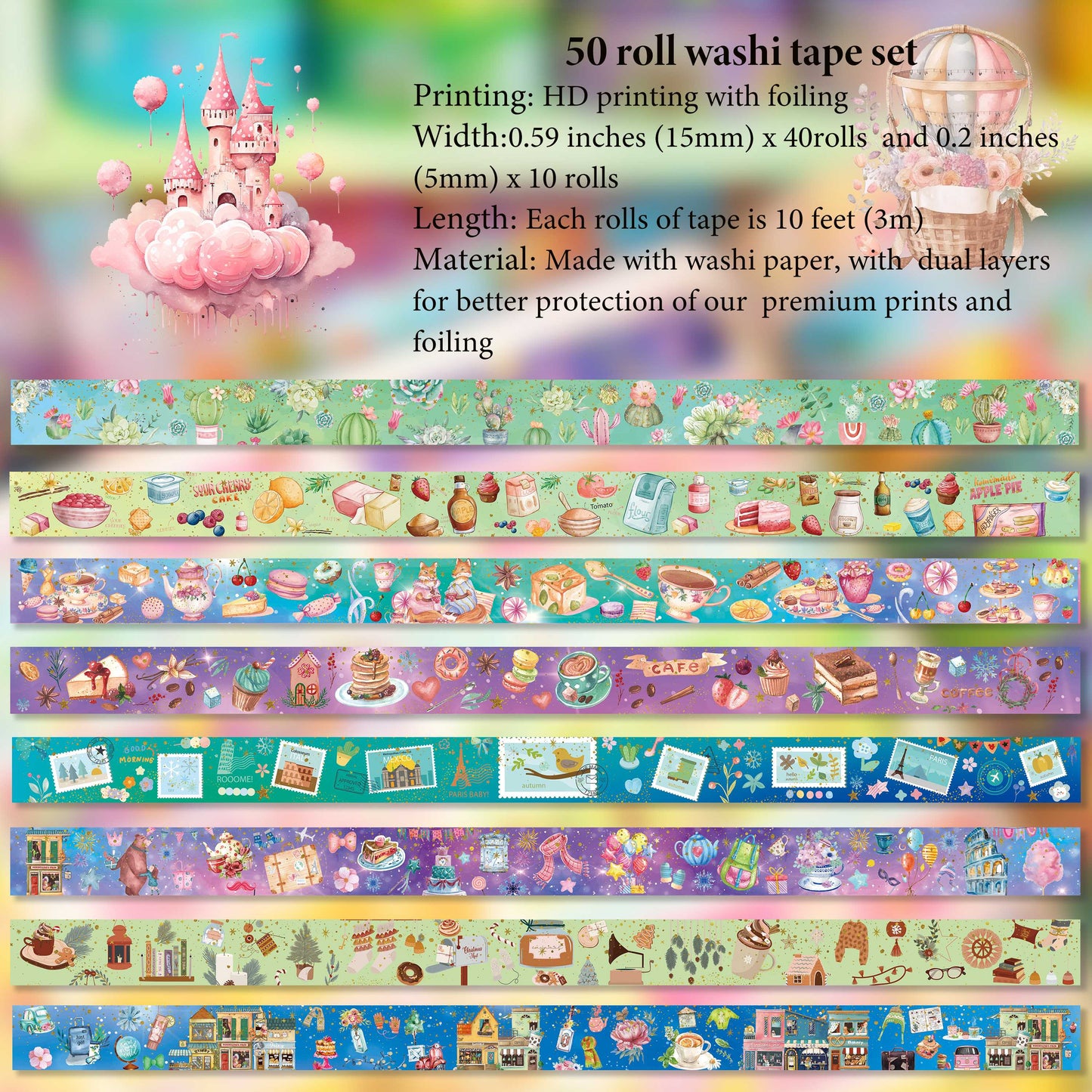 slapaflife Cute Washi Tape Set 50 Rolls Kawaii Animals Gold Foil Decorative Masking Tape for Scrapbook,Washi Tape for Journaling,Scrapbooking Supplies,Party Decorations,Bullet Journals