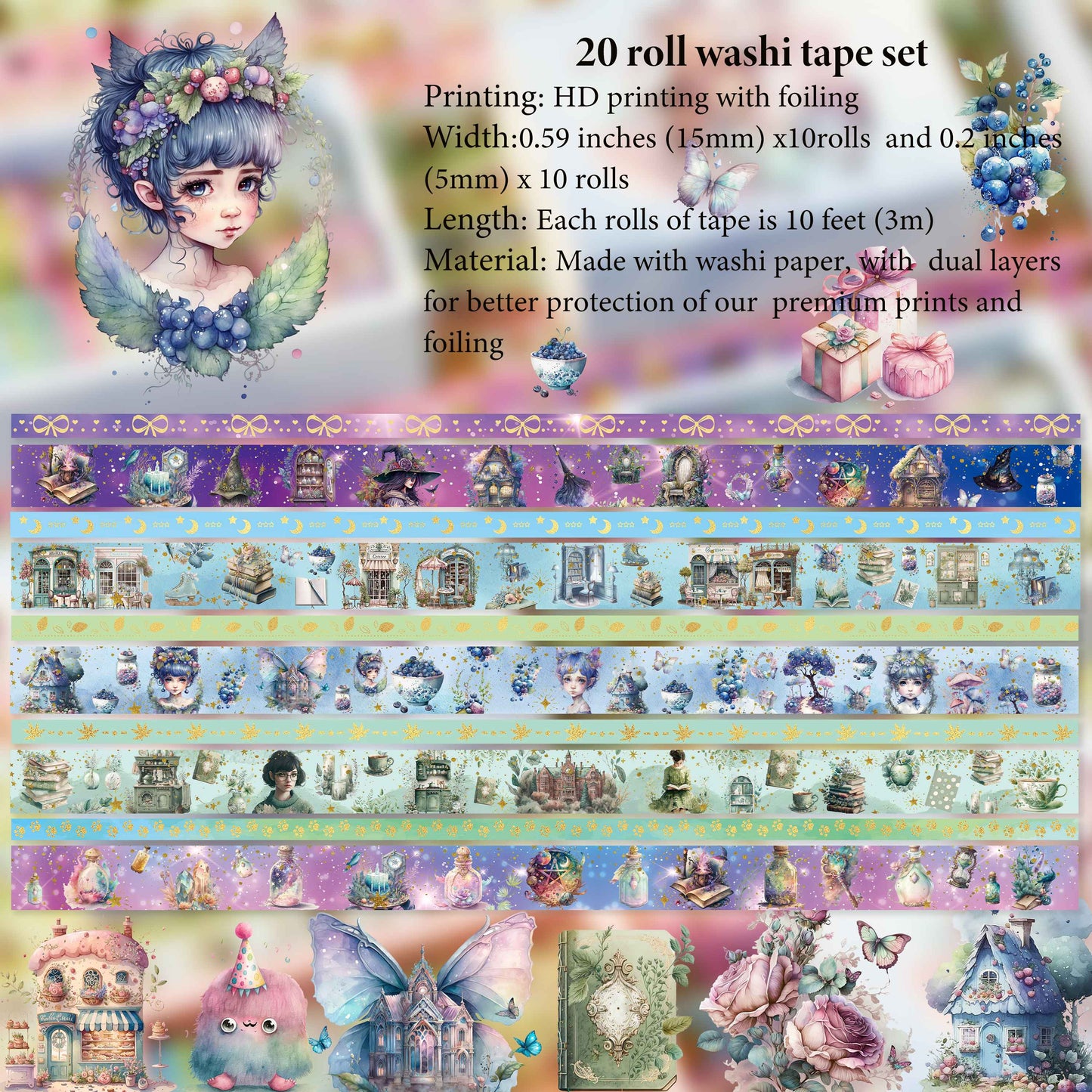 slapaflife 20 Rolls Washi Tape Set, Witch & Magic Themed Decorative Tapes for Journaling,Scrapbooking Supplies,Creative Washi Tape for Journaling,Planners,DIY Crafts,Gift Wrapping & More